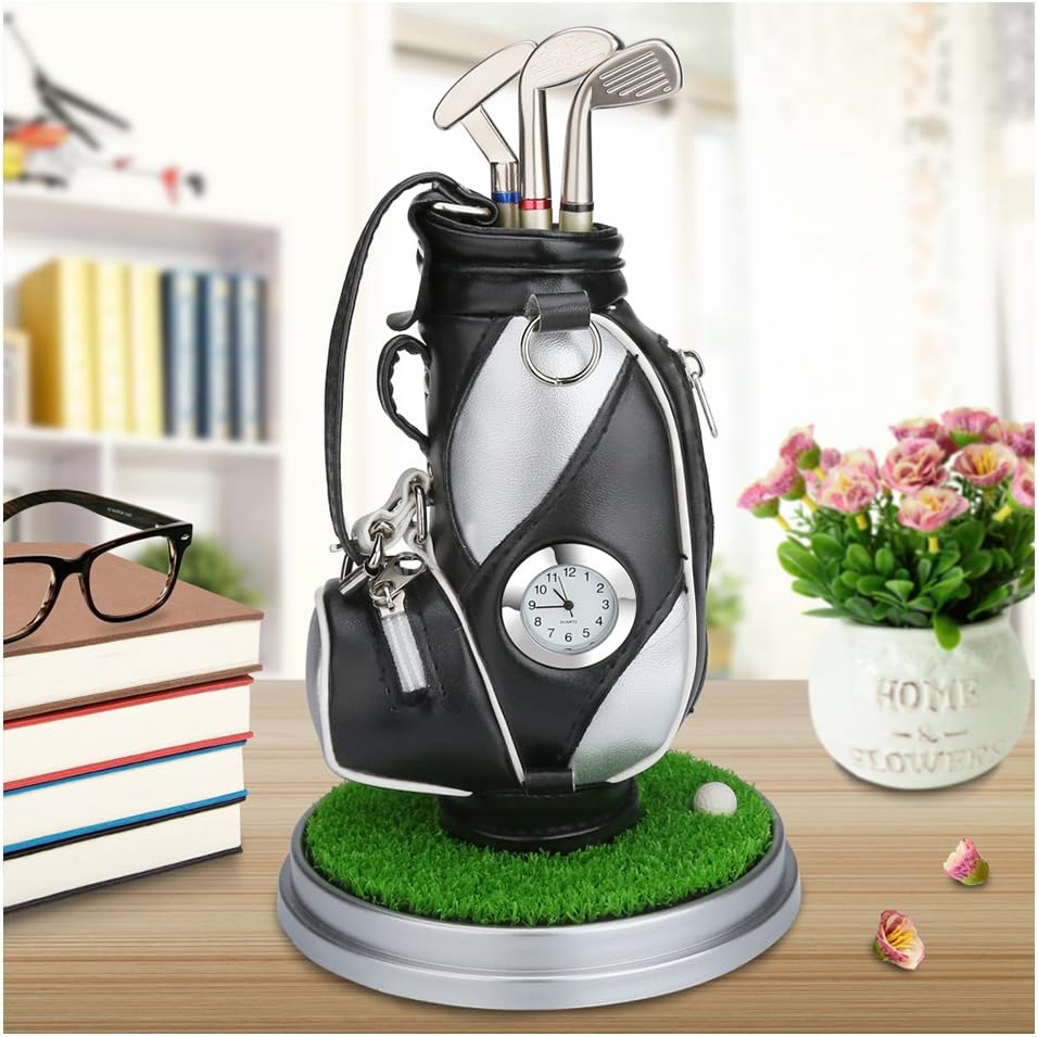 Golf Bag Pen Holder with Golf Pens Clock 3 Pieces Golf Club Pens Set